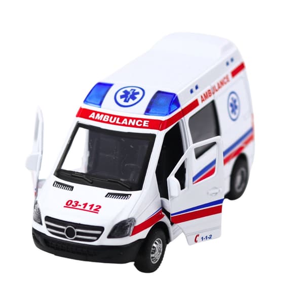 Legetøjsambulance 1:32 metal pull-back med lys/lyd, 3x AG13 inkluderet