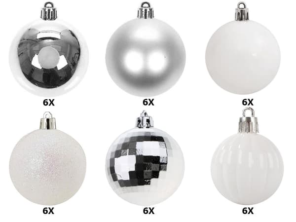 Julekugler 3 cm plast 36-pak sølv/hvid