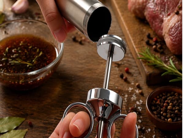 Marinadesprøjte 60 ml rustfrit stål med 3 nåle 2 børster