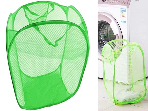 Sammenfoldelig vasketøjskurv i mesh 65 L grøn 67x38x38 cm