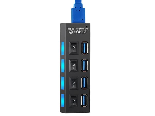 USB-hub 4-port USB 3.0 med ON/OFF-knapper sort 51,5 cm kabel