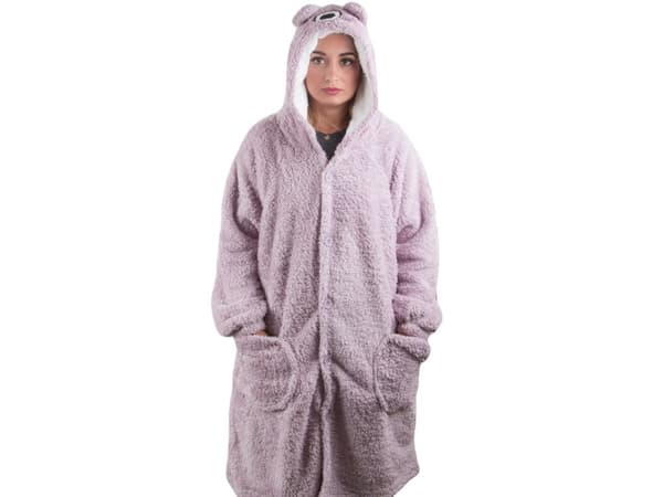 Sweatshirt-tæppe oversize med hætte og knapper 100% bomuld lilla