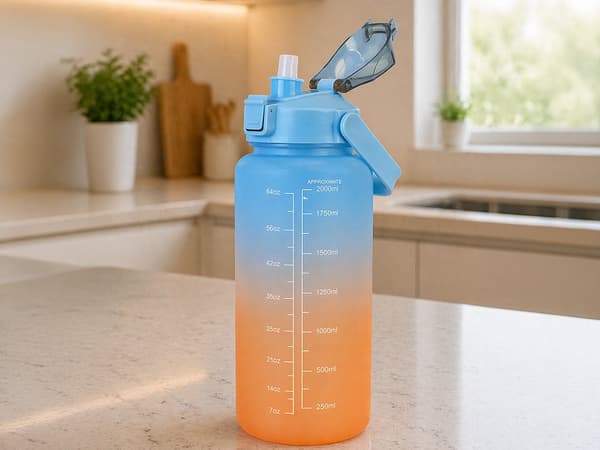 Vandflaske 2 liter med sugerør og målskala blå/orange
