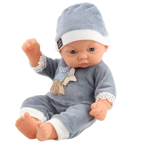 Babydukka 24 cm med grå pyjamas och mössa, set