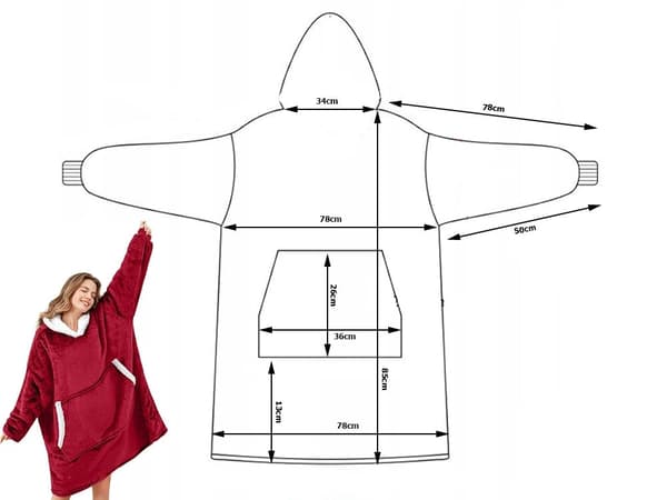 Filttrøje med hætte teddyfleece burgundy one size 85 cm