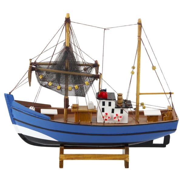 Træfiskebådsmodel 30 cm samlermodel med træbase og master/net