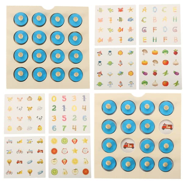 Montessori memoryspel i trä med bräda, 4 dubbelsidiga kort, 16 svampar
