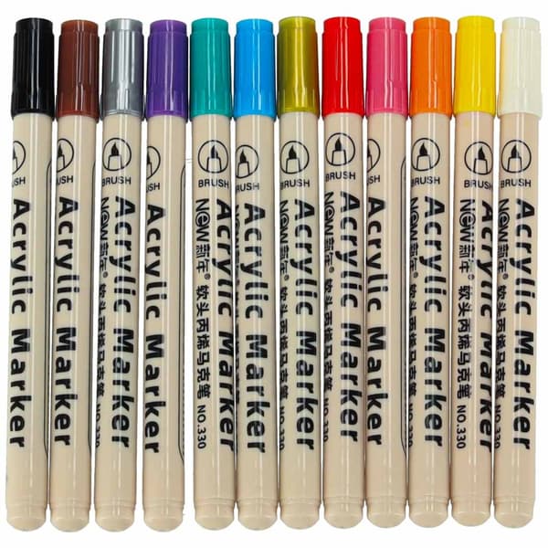 Akrylmarkers 12-pack smal spets inkl guld/silver för sten glas tyg