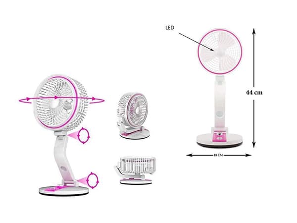 Bærbar sammenfoldelig vifte 18 cm rosa med LED og USB-opladning