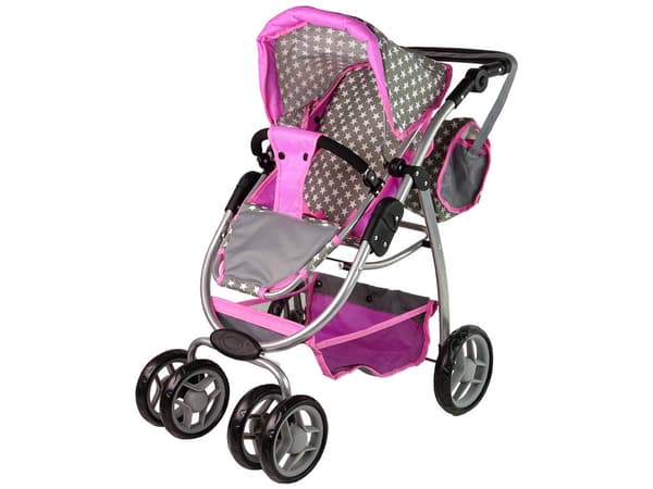 Dukkevogn 2-i-1 med liggedel og taske, rosa/grå, til dukker op til 40 cm