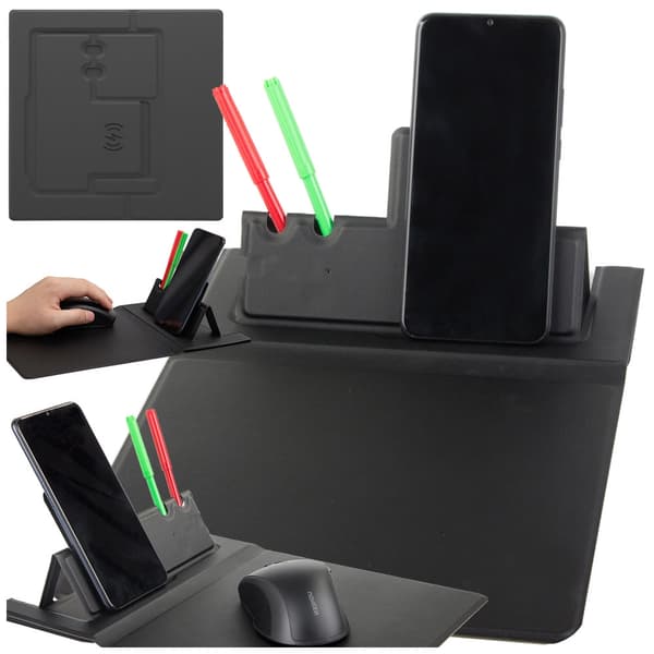 Musemåtte med trådløs oplader og mobilholder USB-C, sort