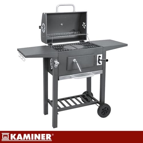 Kulgrill med låg og termometer, støbejernsrist, overtræk, sort