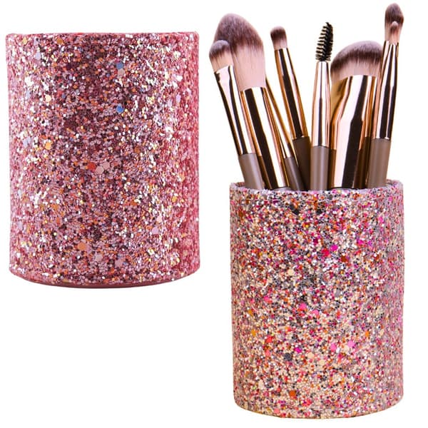 Børsteholder i plast glitrende rosa 9x7x7 cm til makeupbørster