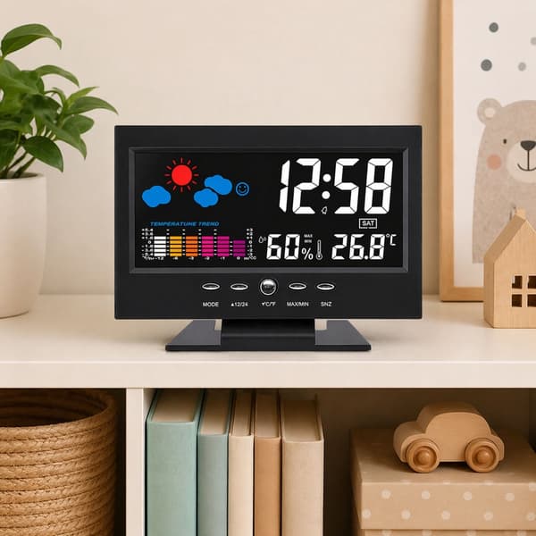 Digital bordsklocka med färgdisplay, termometer & hygrometer, 12/24h