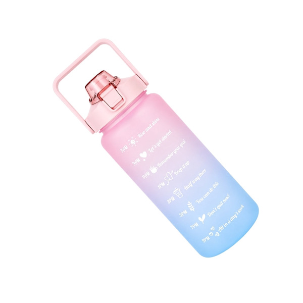 Vattenflaska 2 liter med sugrör och måttskala rosa/blå