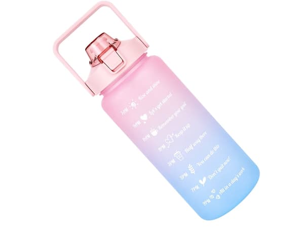 Vesipullo 2 liter pillillä ja mitta-asteikolla, vaaleanpunainen/sininen