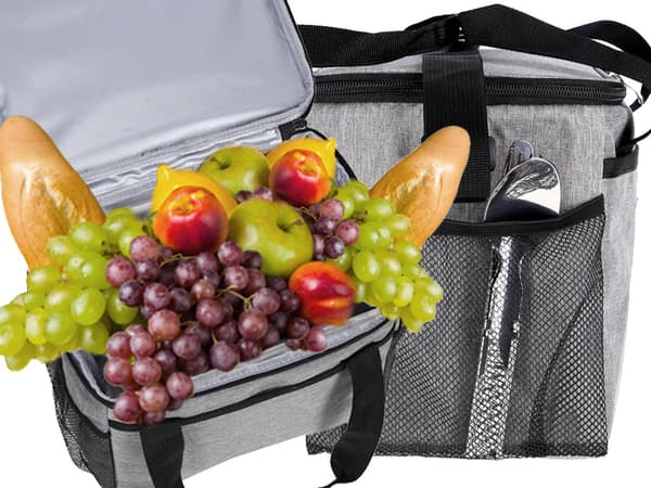Køletaske/termotaske 16L med skulderrem og yderlommer, grå/sort
