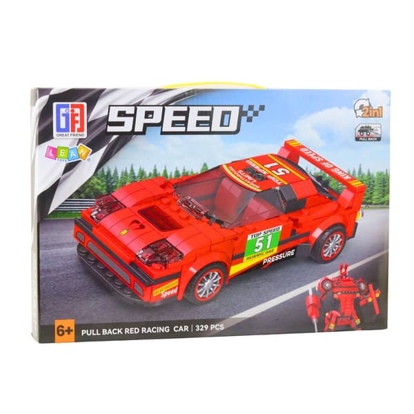 2-i-1 byggset racerbilsmodell/robot 329 delar med dragmotor röd