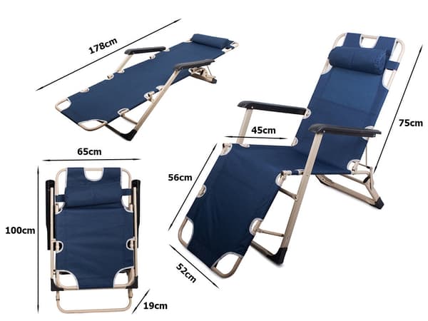 Foldbar solstol/campingstol 2-i-1 blå max 140 kg med nakkepude