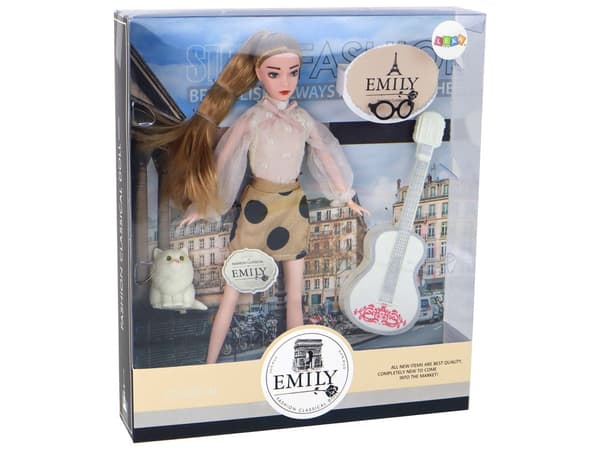 Dukke Emily 30 cm med kat, som laver lyd, og guitar, 3+ år