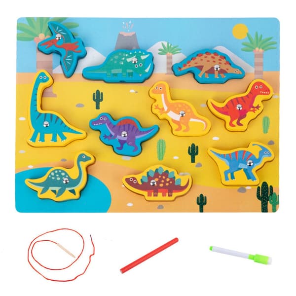 Magnetiskt träpussel dinosaurier 10 delar med stav, snöre och penna 3+