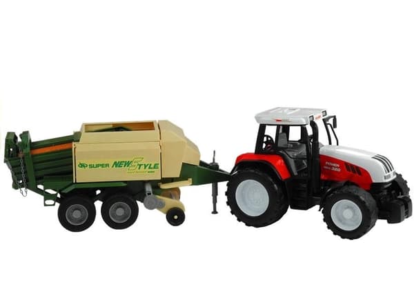 Legetøjstraktor med halmballetrailer 65 cm, baghjulsdrift, grøn/rød