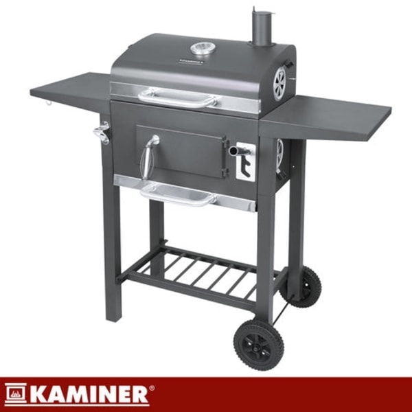 Kulgrill med låg og termometer, støbejernsrist, overtræk, sort