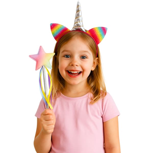 Unicornhorn-hårband och stjärnstav set för barn, regnbåge glitter