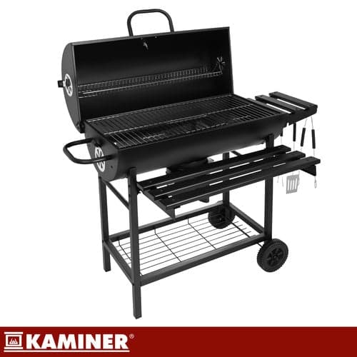 Kulgrill med låg og termometer 108x67x96 cm sort med hjul