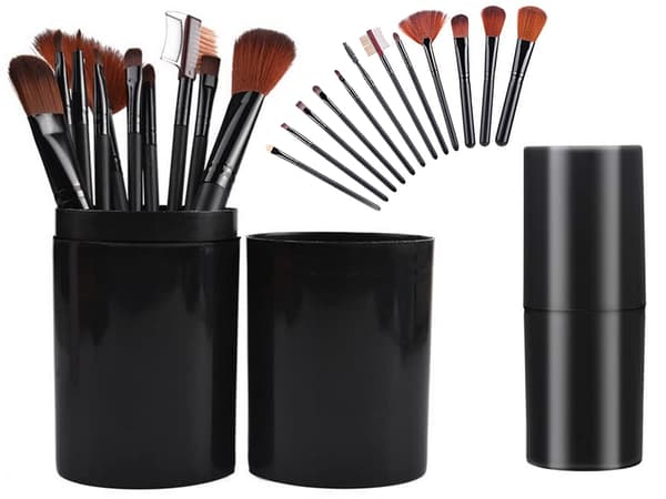 Makeupbørstesæt 12 dele med etui syntetiske børstehår sort/brun