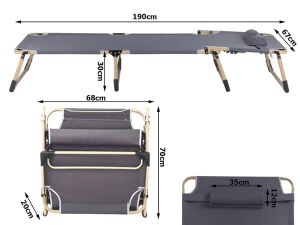 Resesäng 190x68x30 cm med justerbart ryggstöd och nackkudde grå