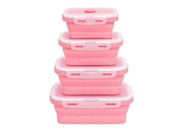 Hopfällbara silikonmatlådor 4-pack med tätt lock och clips, rosa