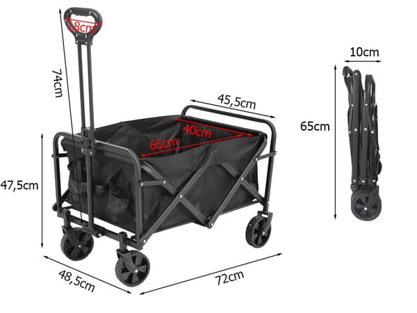 Sammenklappelig transportvogn 80L 60kg med store hjul sort