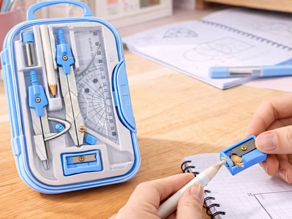 Geometrisæt 9 dele med passer lineal gradskive etui blå