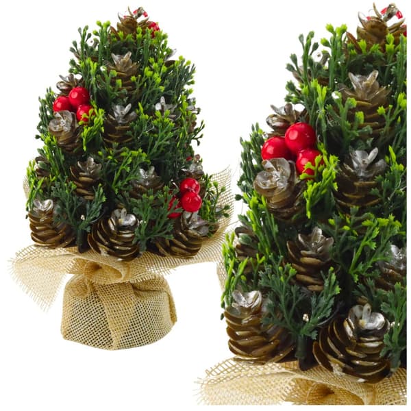 Mini julgran 17x10 cm med kottar och röda bär, jute-bas