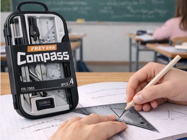 Geometriasetti 9 osaa kotelolla kompassi viivoitin kulmaviivain