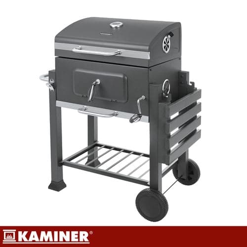 Kulgrill med låg og termometer 57x42 cm støbejernsgitter sort