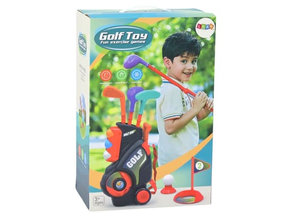 Mini golfset til børn 3+ med vogn på hjul, 3 køller, 5 bolde