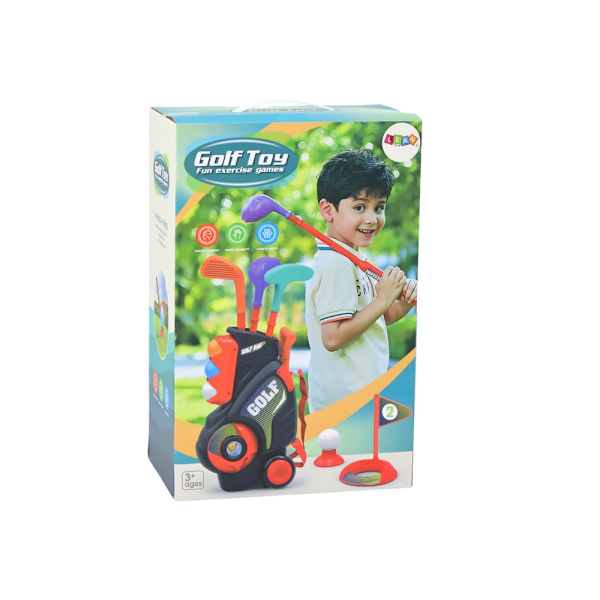Mini-golfsetti lapsille 3+ kärryllä pyörillä, 3 mailaa, 5 palloa