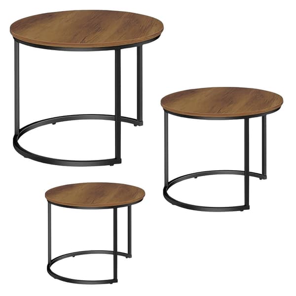 Sæt med 3 runde sofaborde MDF mørkegrå trælook, sort stålræmme 51/40/30 cm