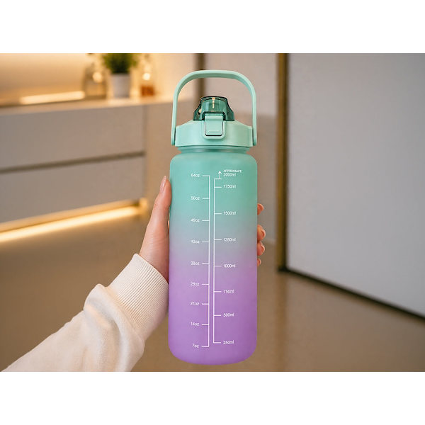 Vattenflaska med sugrör och måttskala 2 liter PP/PC blå-lila