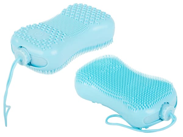 Opladelig kropsbørste i silikone med massage USB blå/rosa