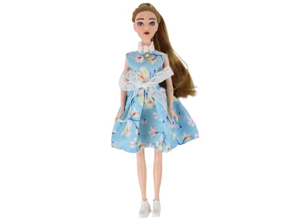 Docka Emily 30 cm med kattunge, blå blommig klänning, 3+ år