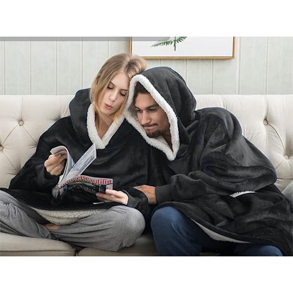 Fleecetröja med huva teddyfoder svart one size oversize XXL