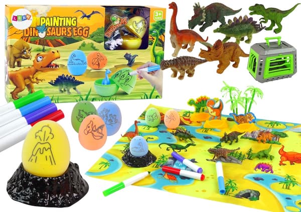 Måla dinosaurieägg DIY-set 4 ägg, 6 dinosaurier, matta, 3+ år