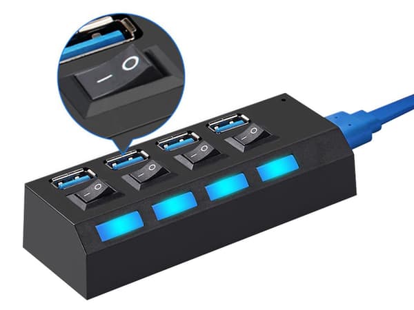 USB-hub 4-port USB 3.0 med ON/OFF-knapper sort 51,5 cm kabel