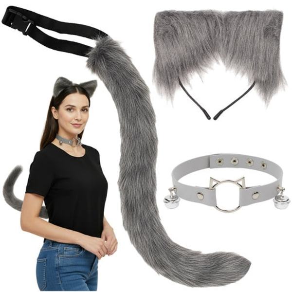 Katte-/rævekostume grå 3 dele i polyester til maskerade og temafest