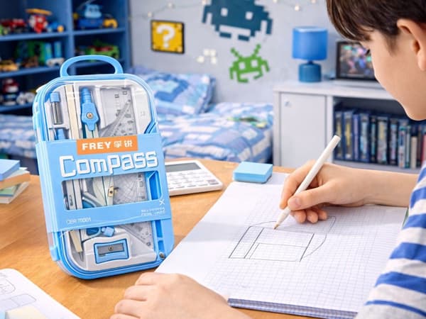Geometrisæt 9 dele med passer lineal gradskive etui blå