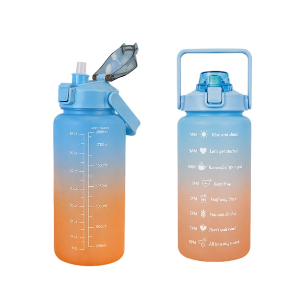 Vattenflaska 2 liter med sugrör och måttskala blå/orange