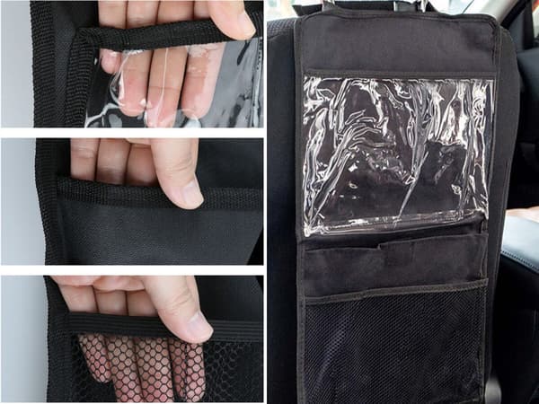 Bilorganisator til nakkestøtte med 3 lommer 50x28 cm sort